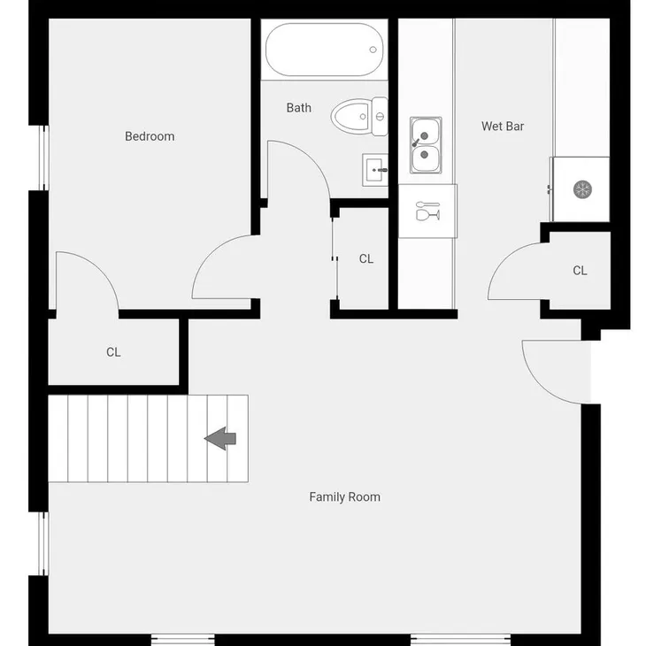 Floor plan with bedroom, bath, family room.